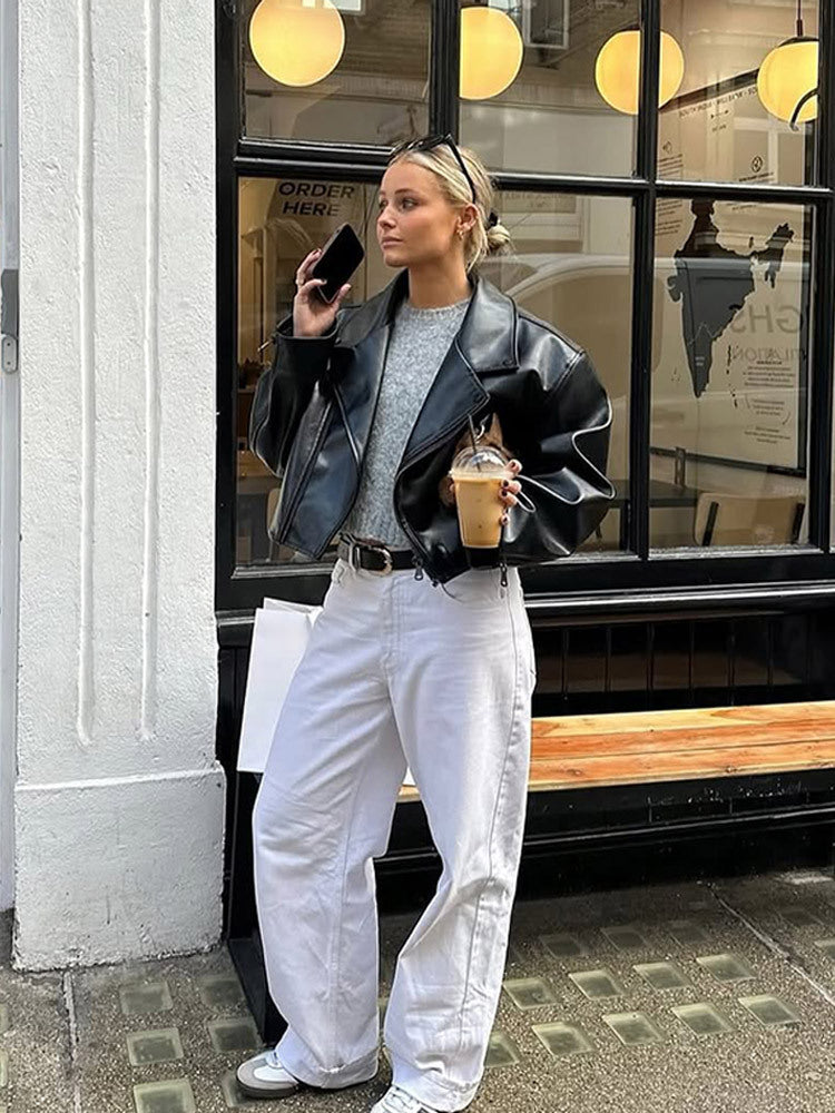 Damen modische Kunstlederjacke mit oversized Schnitt R&B