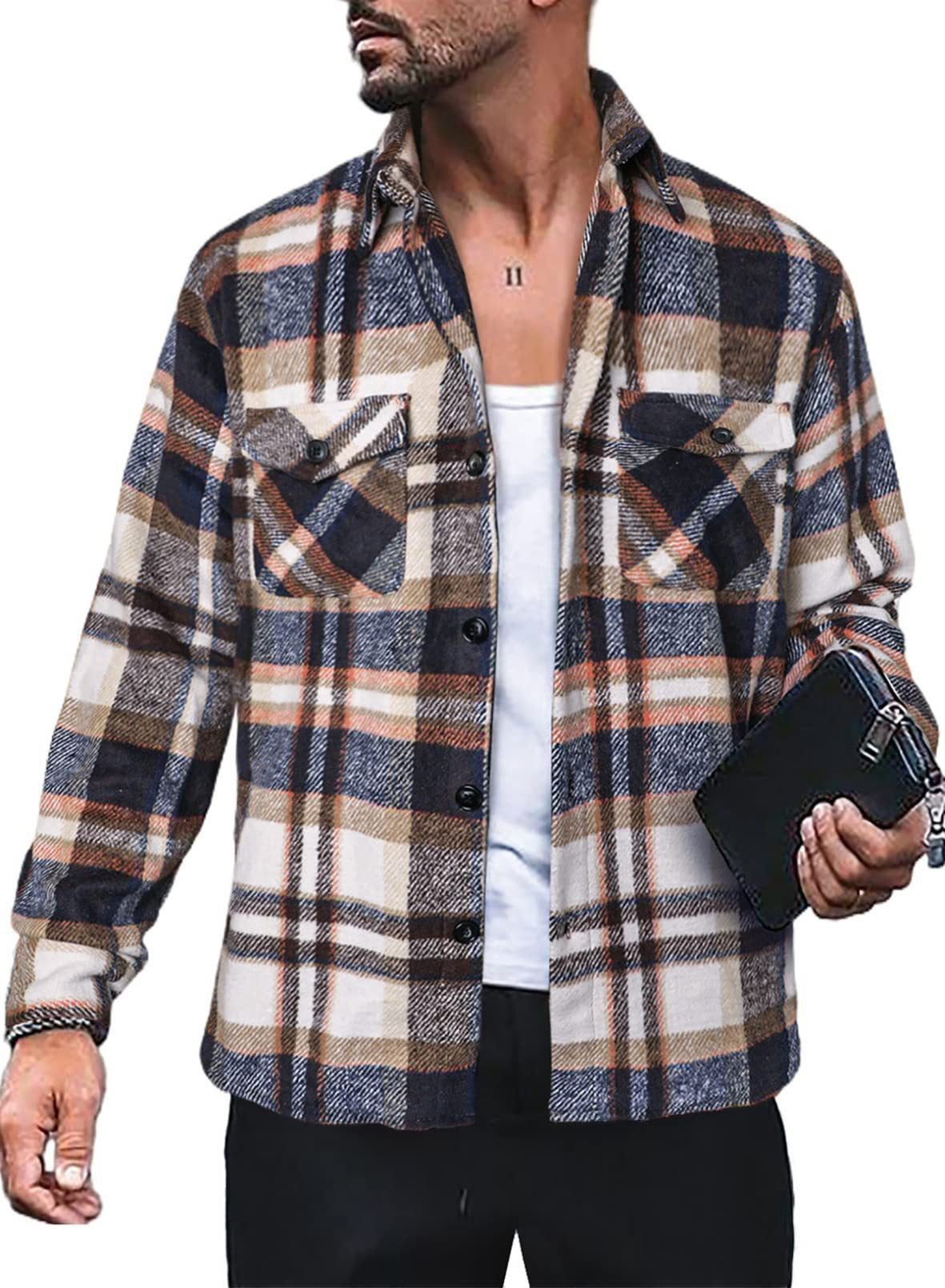 Herren Flanellhemd mit Karomuster und funktionalen Taschen R&B