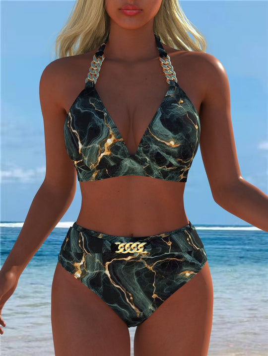 Damen Bikini mit luxuriösem Marmormuster und edlen Details R&B