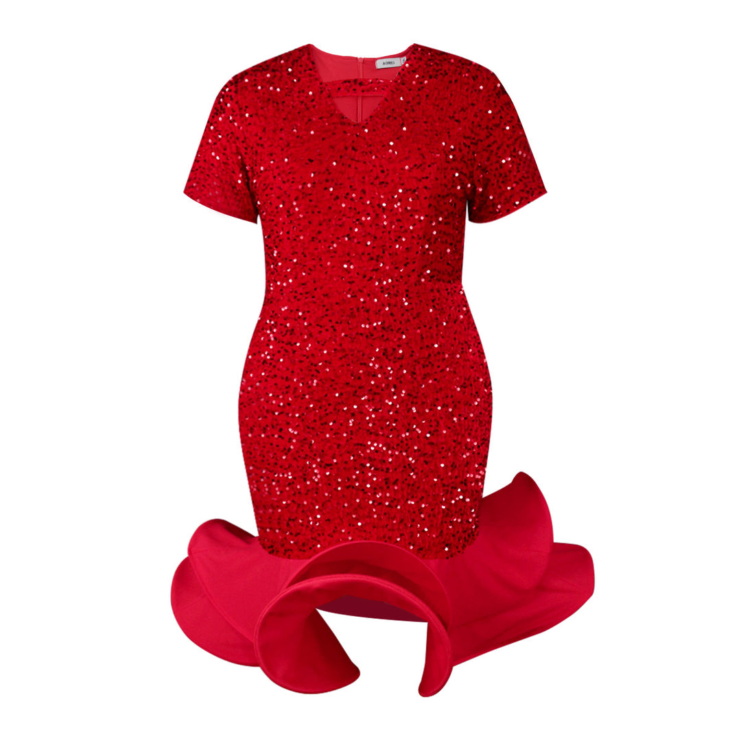 Damen glamouröses Abendkleid mit schimmernden Pailletten und voluminösem Saum R&B