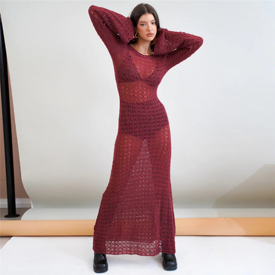 Damen Transparente Maxikleid mit strukturiertem Häkelmuster R&B