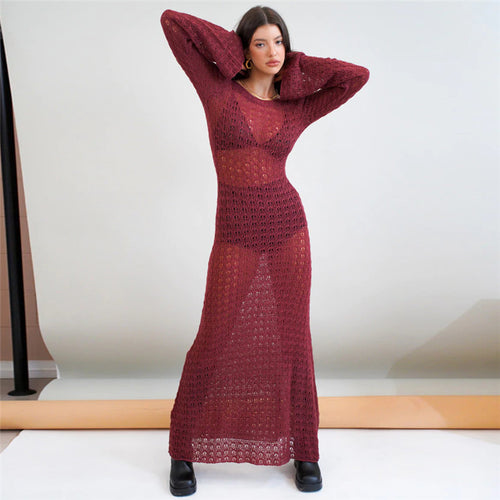 Damen Transparente Maxikleid mit strukturiertem Häkelmuster R&B