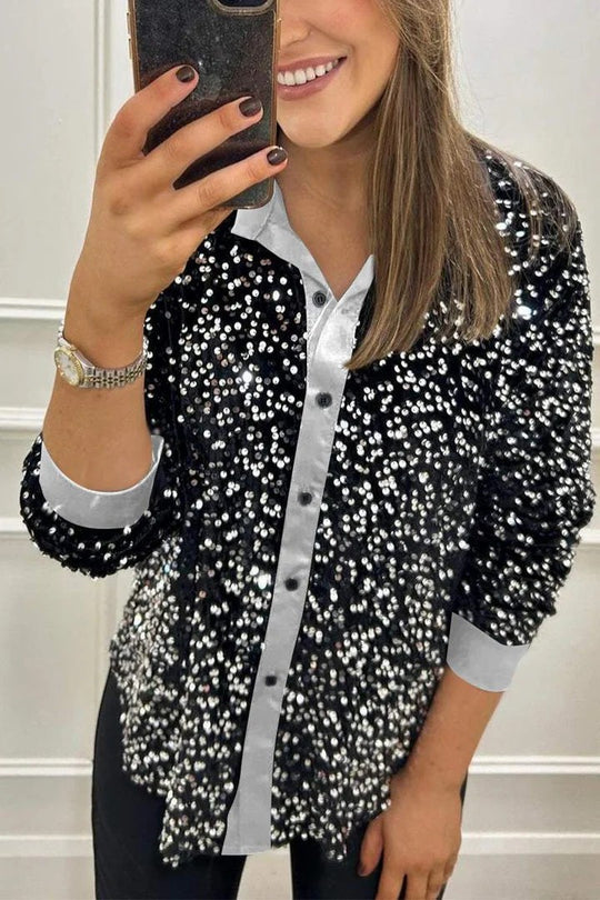Damen Glitzernde Bluse aus Pailletten mit klassischem Kragen R&B