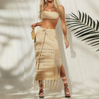 Damen gehäkeltes Crop-Top und Maxi-Rock Set mit fransigen Details R&B