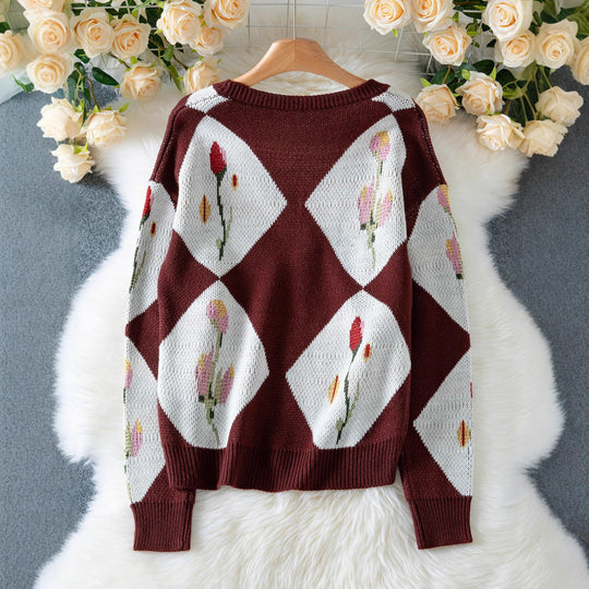 Damen Strickjacke mit floralem Muster und dekorativem Knopfdesign R&B