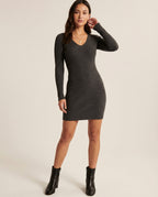 Damen figurbetontes Rippstrick-Kleid mit V-Ausschnitt und langen Ärmeln R&B