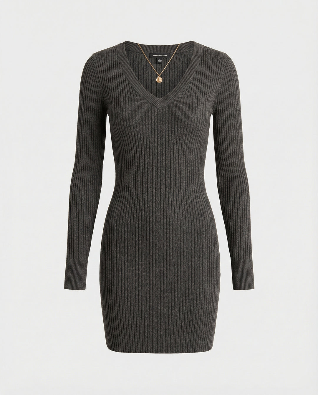 Damen figurbetontes Rippstrick-Kleid mit V-Ausschnitt und langen Ärmeln R&B