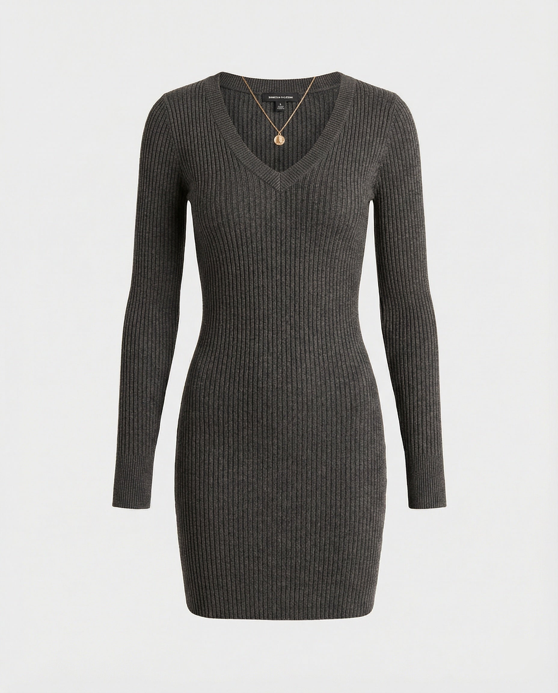 Damen figurbetontes Rippstrick-Kleid mit V-Ausschnitt und langen Ärmeln R&B
