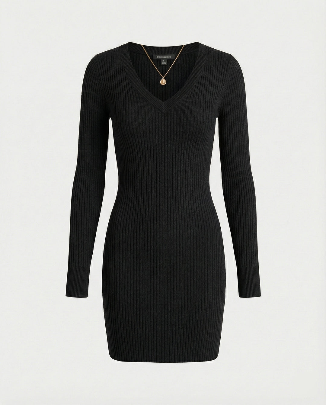 Damen figurbetontes Rippstrick-Kleid mit V-Ausschnitt und langen Ärmeln R&B