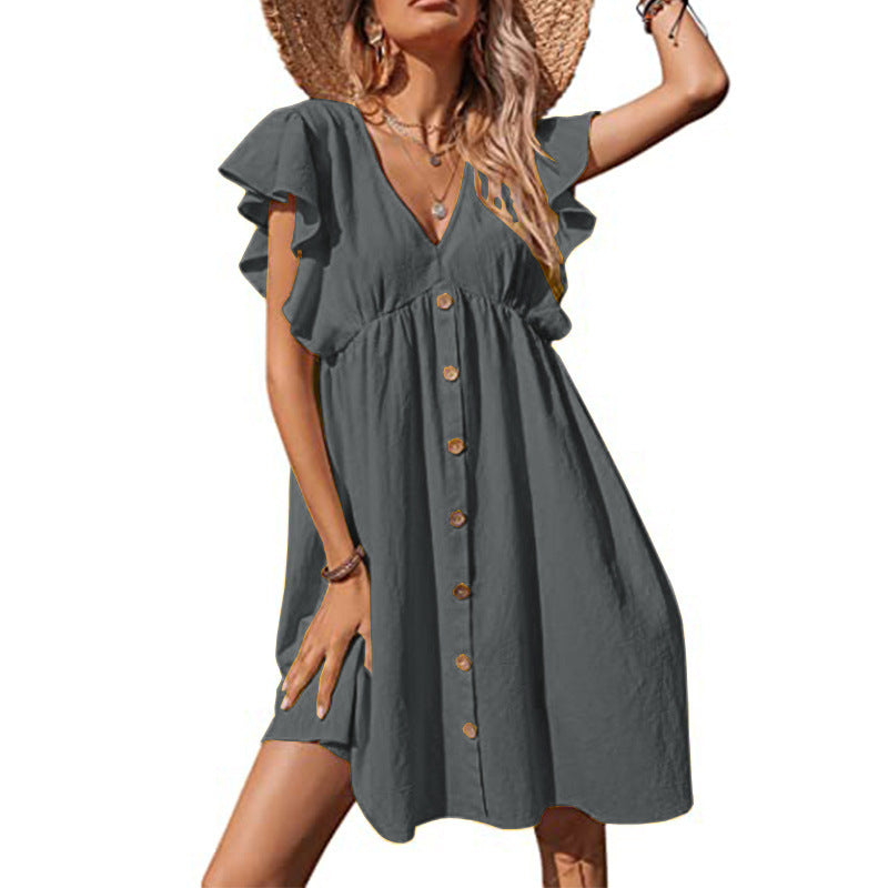 Damen Luftiges Sommerkleid mit verspielten Rüschendetails und Knopfverschluss R&B