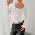 Damen nan figurbetontes Spitzen-Ajour-Langarmshirt mit Quadratausschnitt R&B