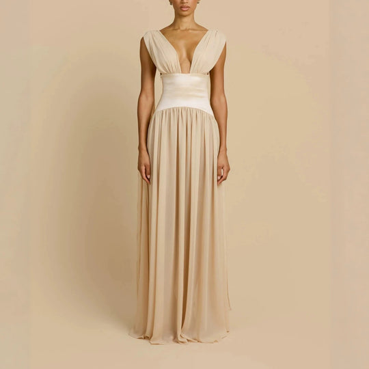 Damen Elegantes Langarm-Maxikleid mit tiefem V-Ausschnitt R&B