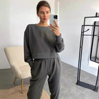 Damen nan Cropped-Sweater-Set mit V-Nahtdetail und hoher Taille Jogginghose R&B