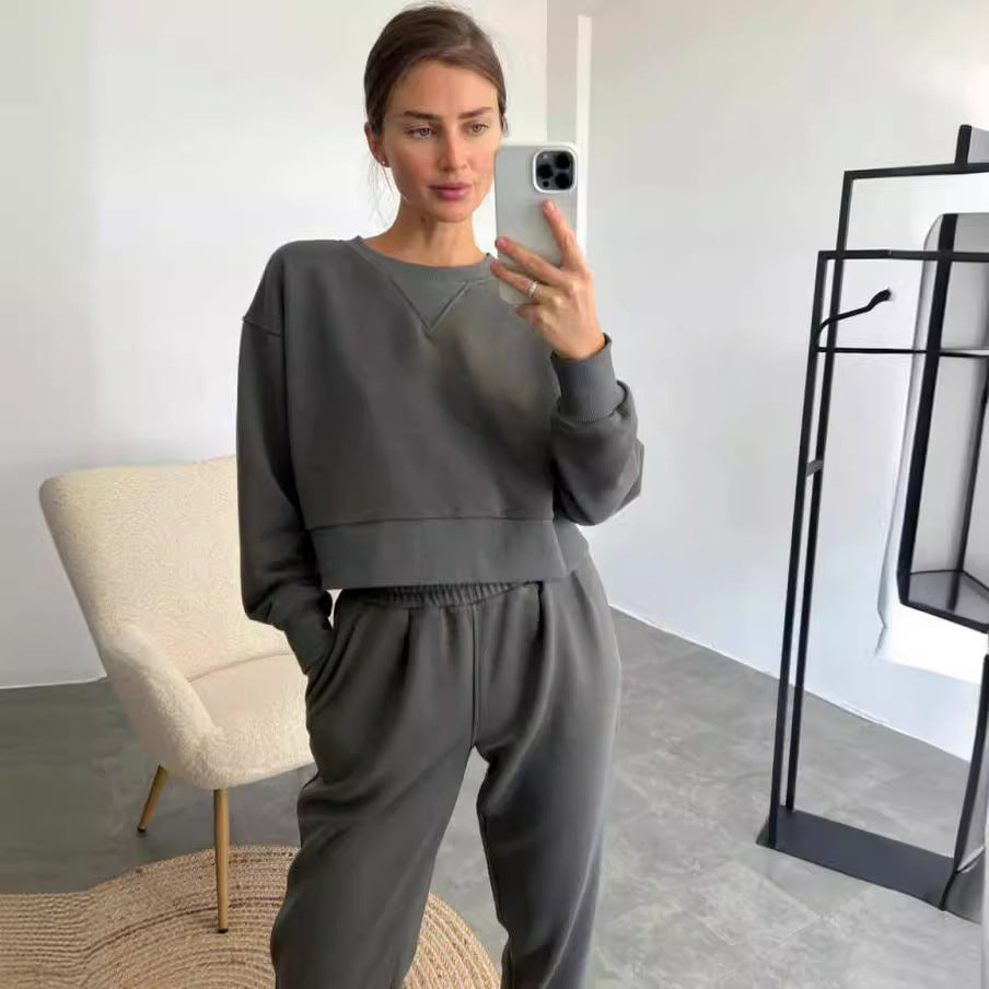 Damen nan Cropped-Sweater-Set mit V-Nahtdetail und hoher Taille Jogginghose R&B
