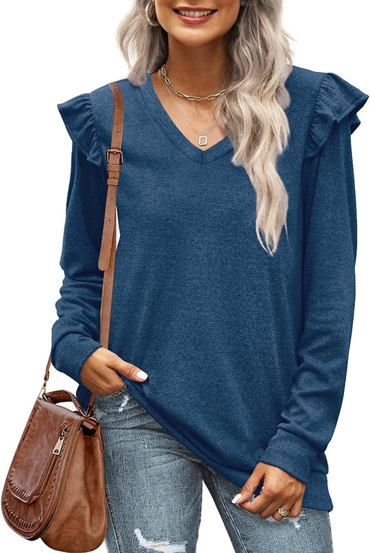 Damen V-Ausschnitt Langarmshirt mit Rüschendetails und lockerem Schnitt R&B