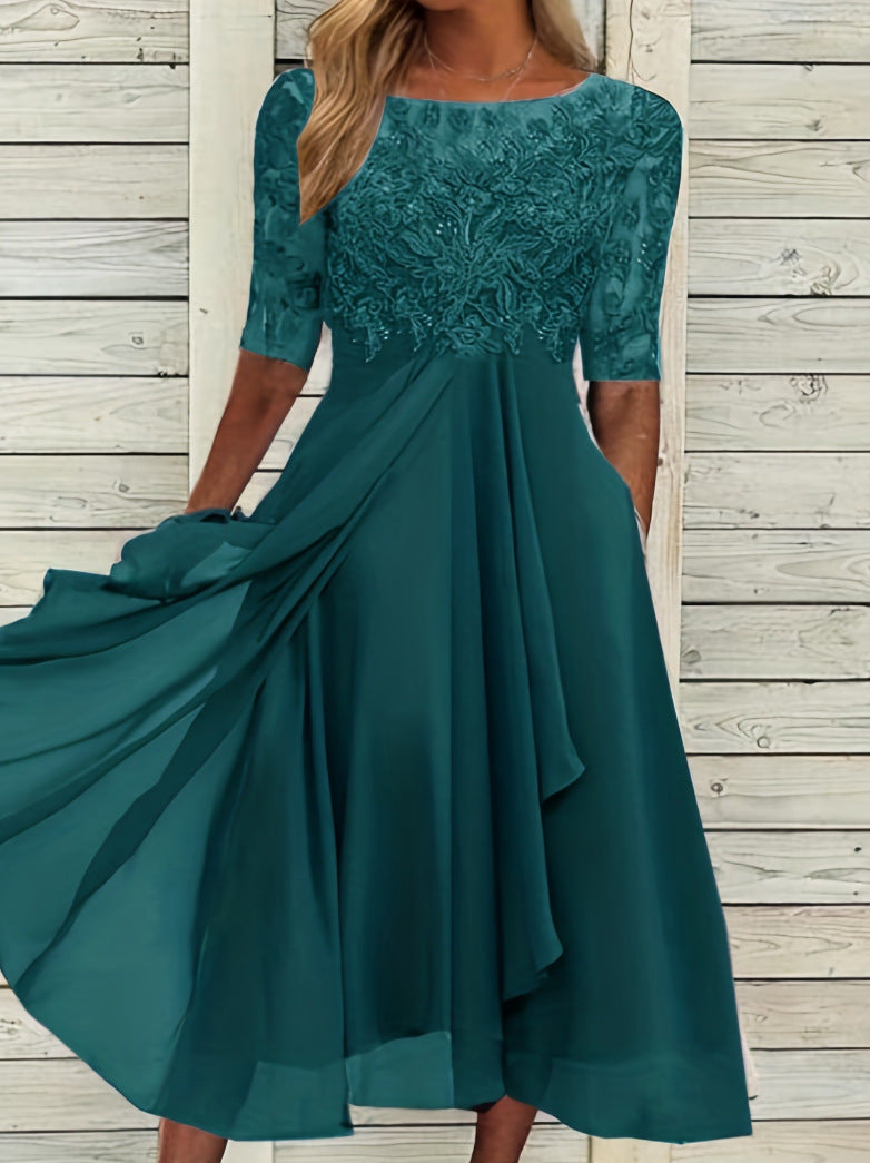 Damen nan elegantes Cocktailkleid mit bestickter Korsage, U-Boot-Ausschnitt und fließendem Chiffonrock R&B