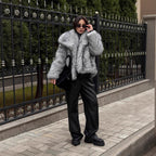 Damen elegante Kunstfelljacke mit voluminösem Kragen und verschließbaren Taschen R&B