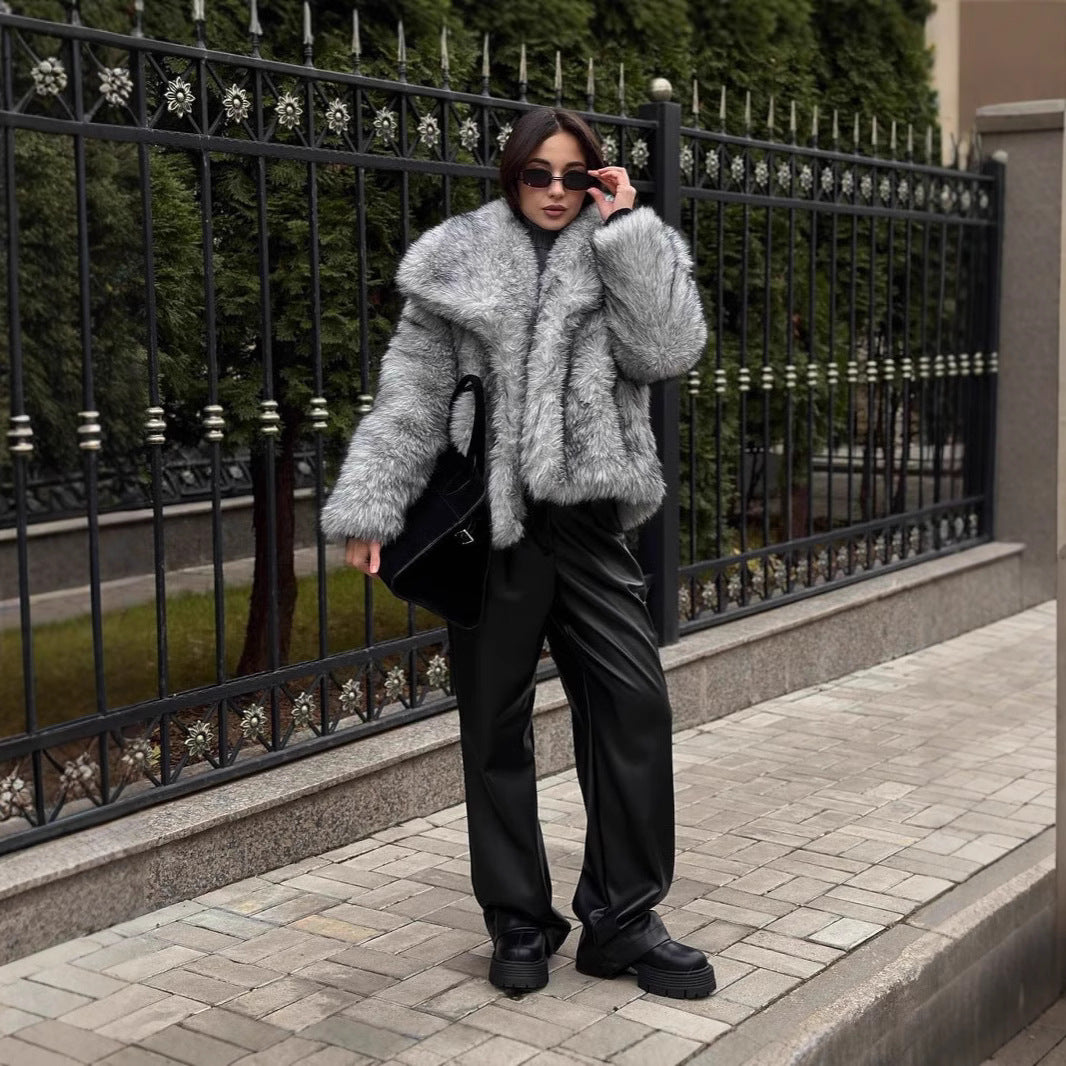 Damen elegante Kunstfelljacke mit voluminösem Kragen und verschließbaren Taschen R&B