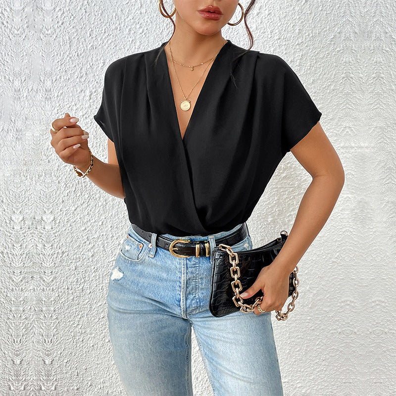 Damen Body mit eleganter Wickeloptik und kurzen Ärmeln R&B