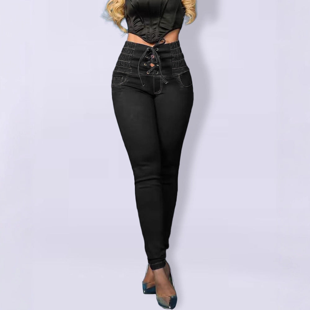 Damen Skinny Jeans mit modischem Schnürdetail und hohem Taillenbund R&B