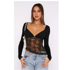 Damen Spitzenbluse mit tiefem V-Ausschnitt und langärmligem Design R&B