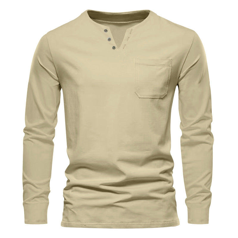 Herren Langarm-Henley-Shirt mit praktischer Brusttasche und modischem Knopfdesign R&B