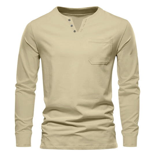 Herren Langarm-Henley-Shirt mit praktischer Brusttasche und modischem Knopfdesign R&B