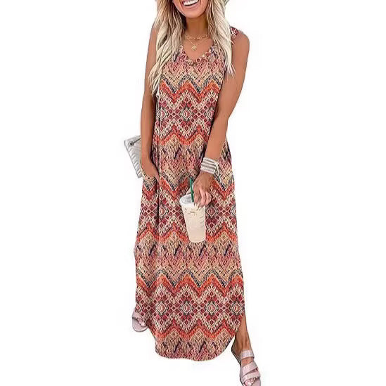 Damen Maxi-Kleid mit modernem V-Ausschnitt und praktischem Taschendesign R&B