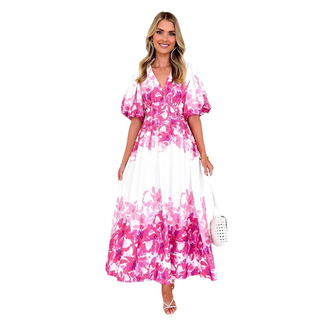 Damen Maxikleid mit ausgefallenen Puffärmeln und tiefem V-Ausschnitt R&B