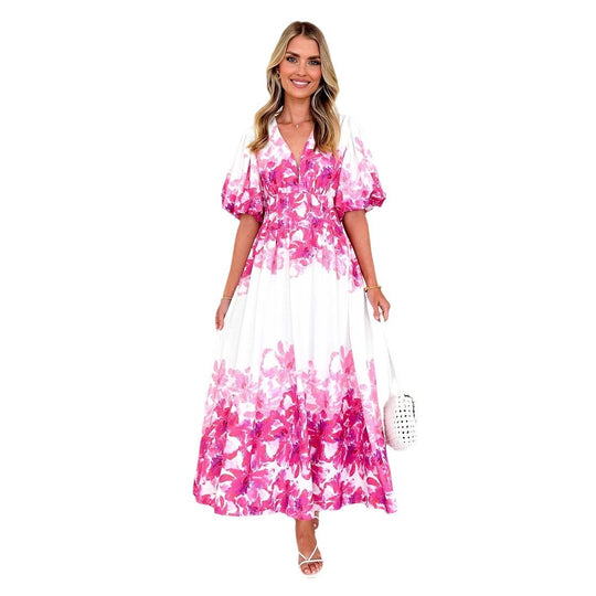 Damen Maxikleid mit ausgefallenen Puffärmeln und tiefem V-Ausschnitt R&B