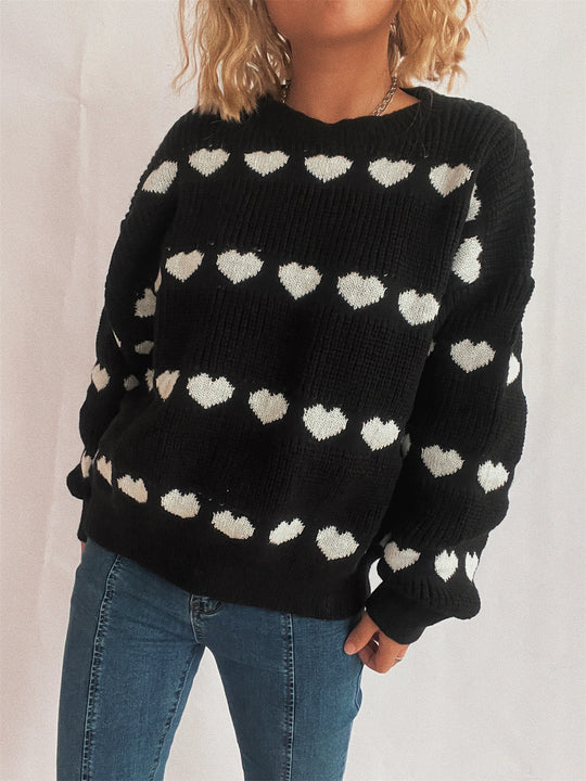 Damen gemütlicher Herzmuster-Strickpullover mit weiten Ärmeln R&B