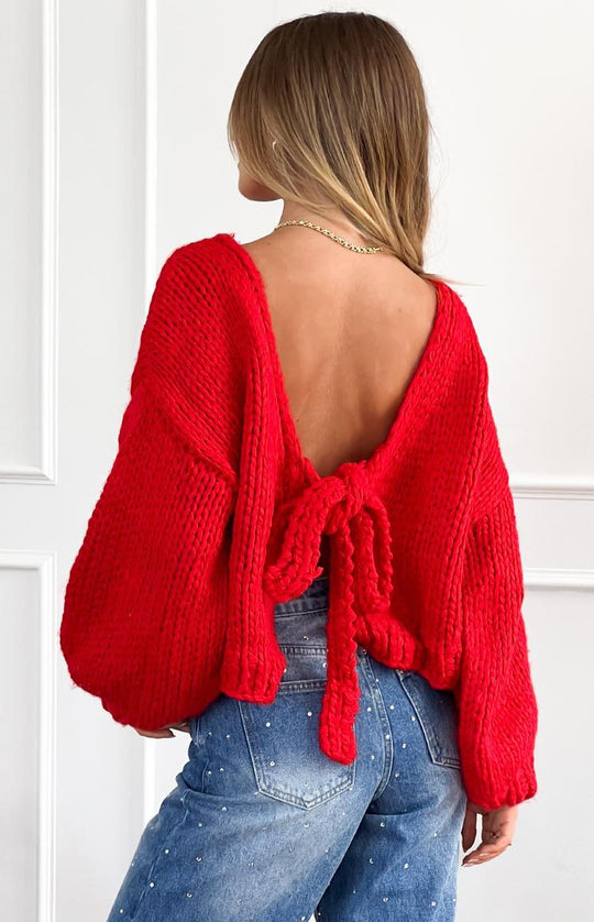 Damen lässige Strickjacke mit Bindeverschluss und weiten Ärmeln R&B