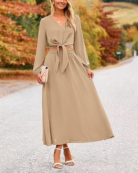 Damen Binde-Kleid mit langen Ärmeln und Rundhalsausschnitt R&B