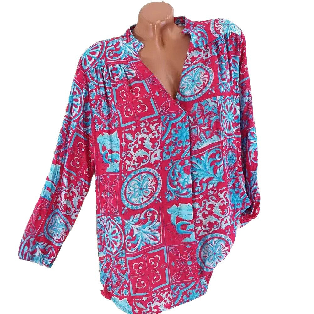 Damen nan Viskose-Tunika-Bluse mit V-Ausschnitt, Stehkragen und gerafften Schultern R&B