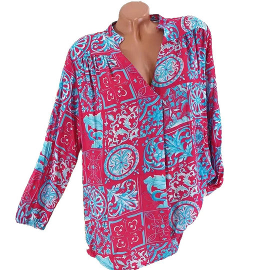 Damen nan Viskose-Tunika-Bluse mit V-Ausschnitt, Stehkragen und gerafften Schultern R&B