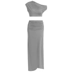 Damen Elegantes Two-Piece Set mit asymmetrischem Oberteil und gerafftem Rock R&B