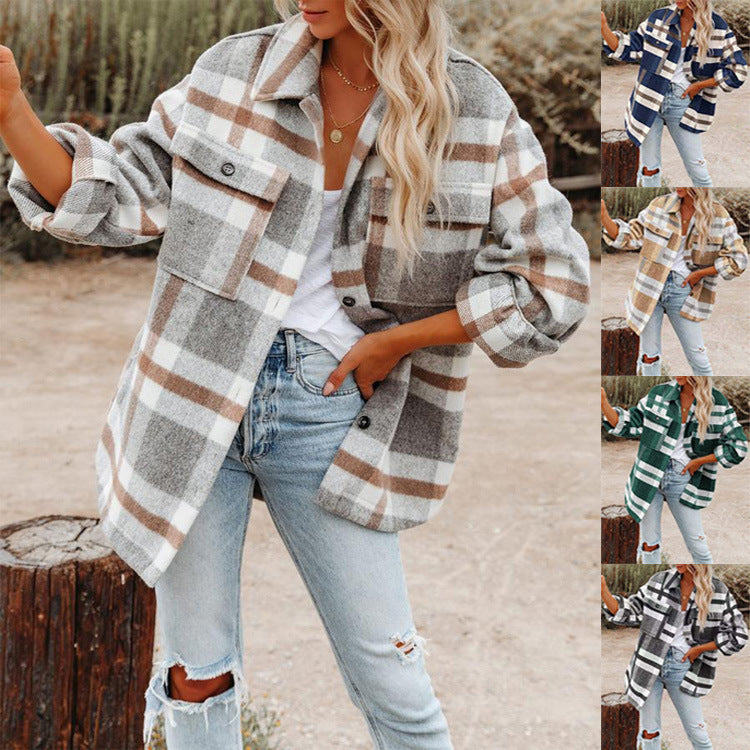 Damen Oversized Hemdjacke mit kariertem Muster und praktischen Taschen R&B