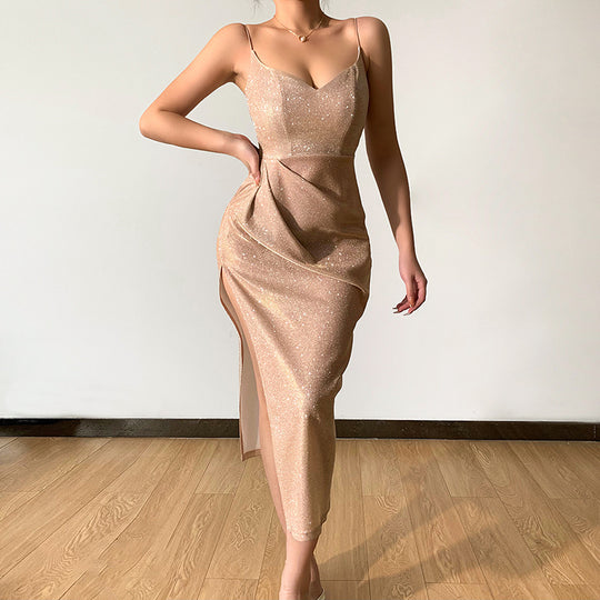 Damen elegantes Metallic-Effekt-Midikleid mit Spaghettiträgern R&B