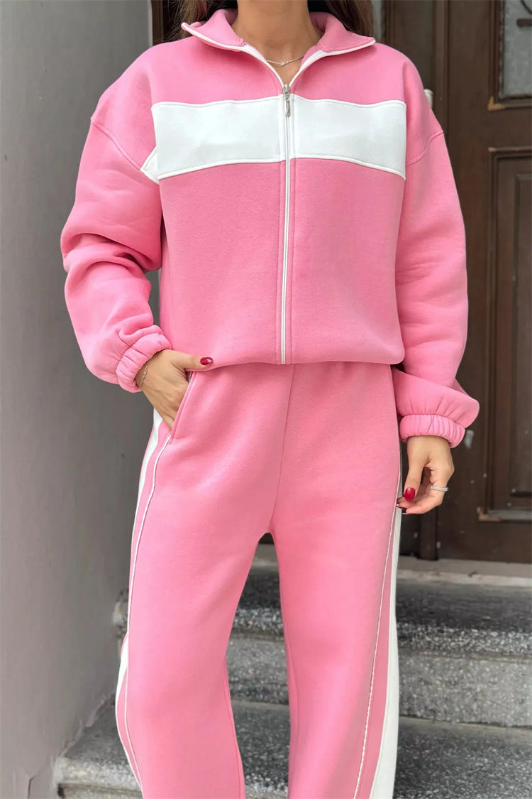 Damen sportliches Fleece-Loungewear-Set mit hohem Kragen undseitlichen Kontraststreifen R&B