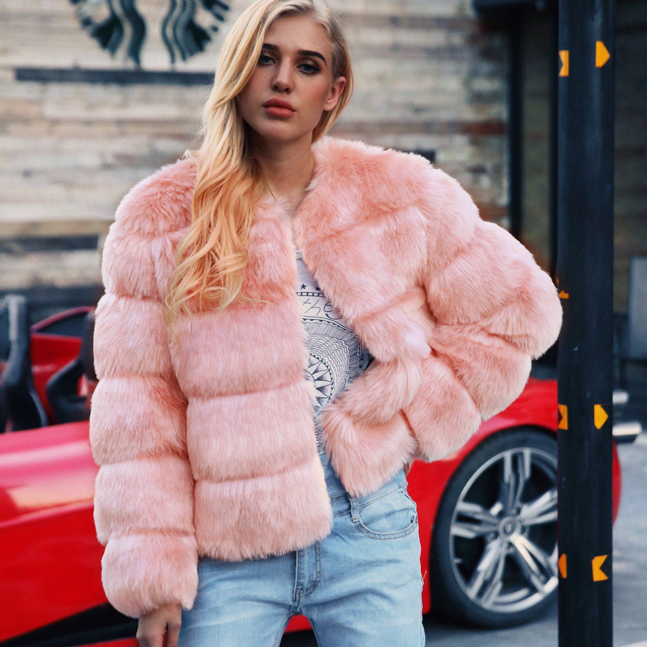 Damen Flauschige Kunstpelzjacke mit voluminösen Ärmeln und elegantem Schnitt R&B