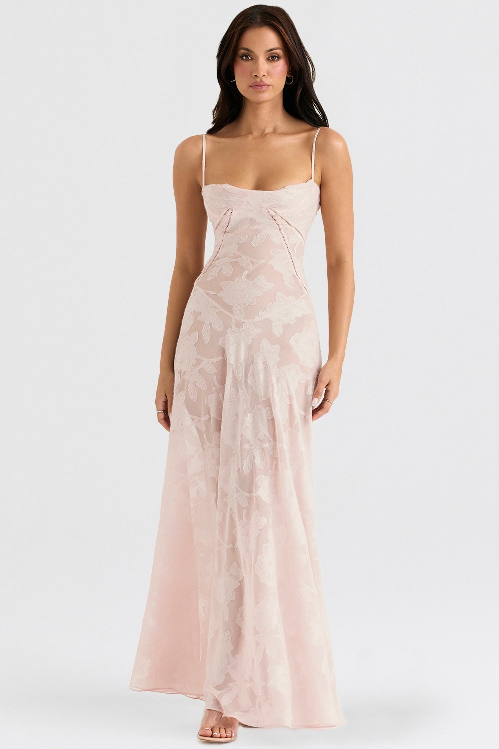 Damen Maxikleid mit dekorativem Spitzen-Oberteil und fließendem Rock R&B