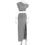Damen Elegantes Two-Piece Set mit asymmetrischem Oberteil und gerafftem Rock R&B