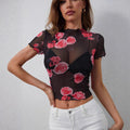 Damen nan tailliertes Netz-Crop-Top mit Rosenprint, Stehkragen und welligem Saum R&B