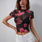Damen nan tailliertes Netz-Crop-Top mit Rosenprint, Stehkragen und welligem Saum R&B