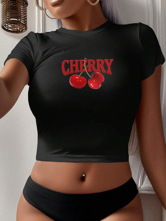Damen Crop-T-Shirt mit kreativem Cocktail-Design R&B