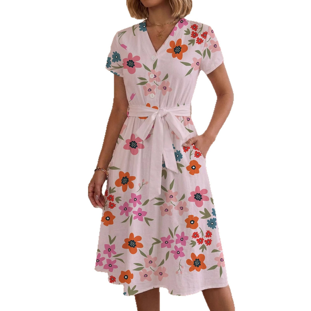 Damen lässiges Maxikleid mit taillierbarem Knoten und dekorativem Karomuster R&B