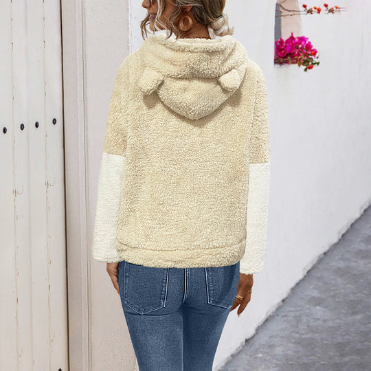 Damen lockerer Pullover mit weichem Teddy-Fleece und großem Kragen R&B