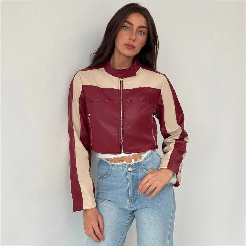 Damen cropped Kunstlederjacke mit kontrastierenden Einsätzen R&B
