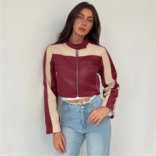 Damen cropped Kunstlederjacke mit kontrastierenden Einsätzen R&B