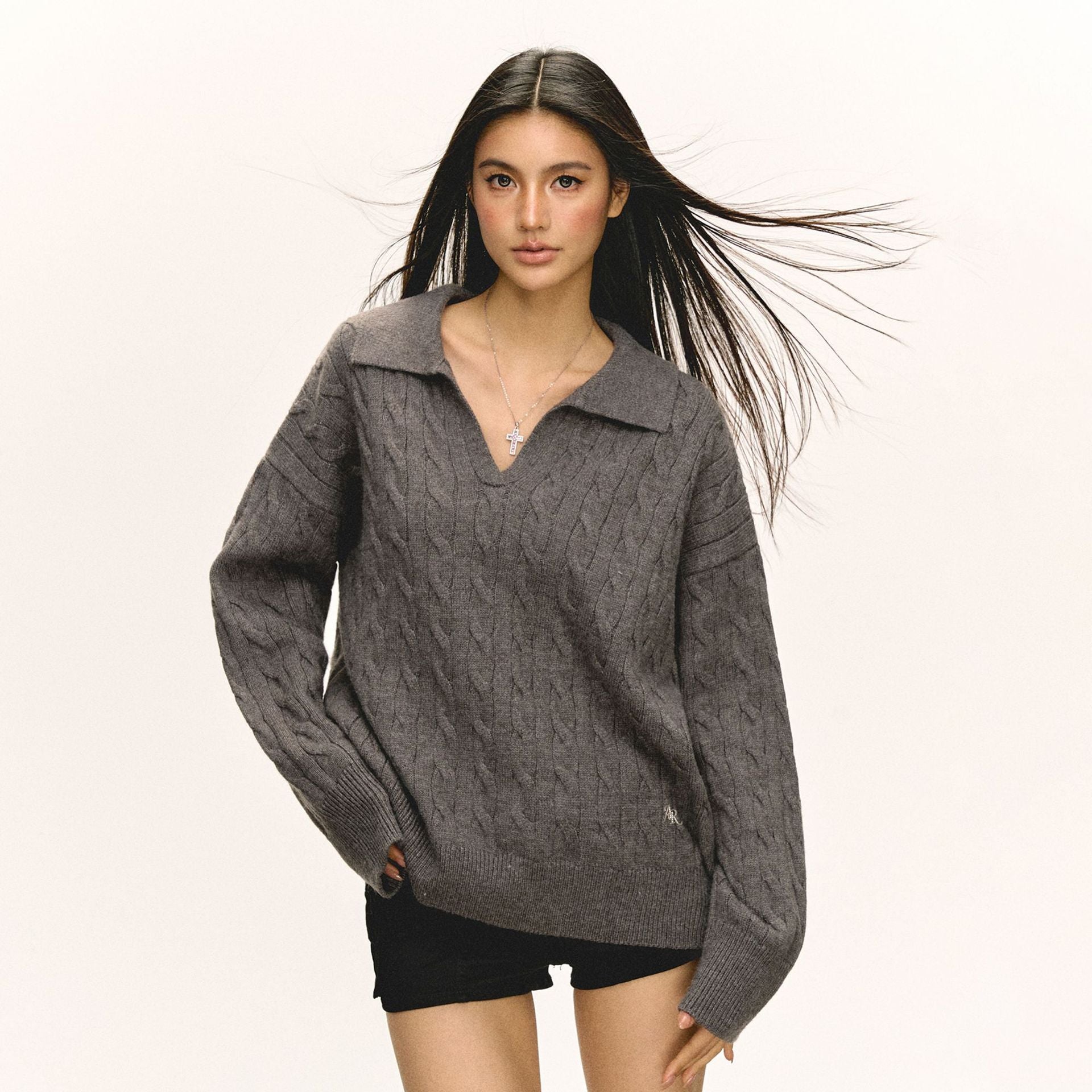 Damen Grob gestrickter Pullover mit V-Ausschnitt und Kragen